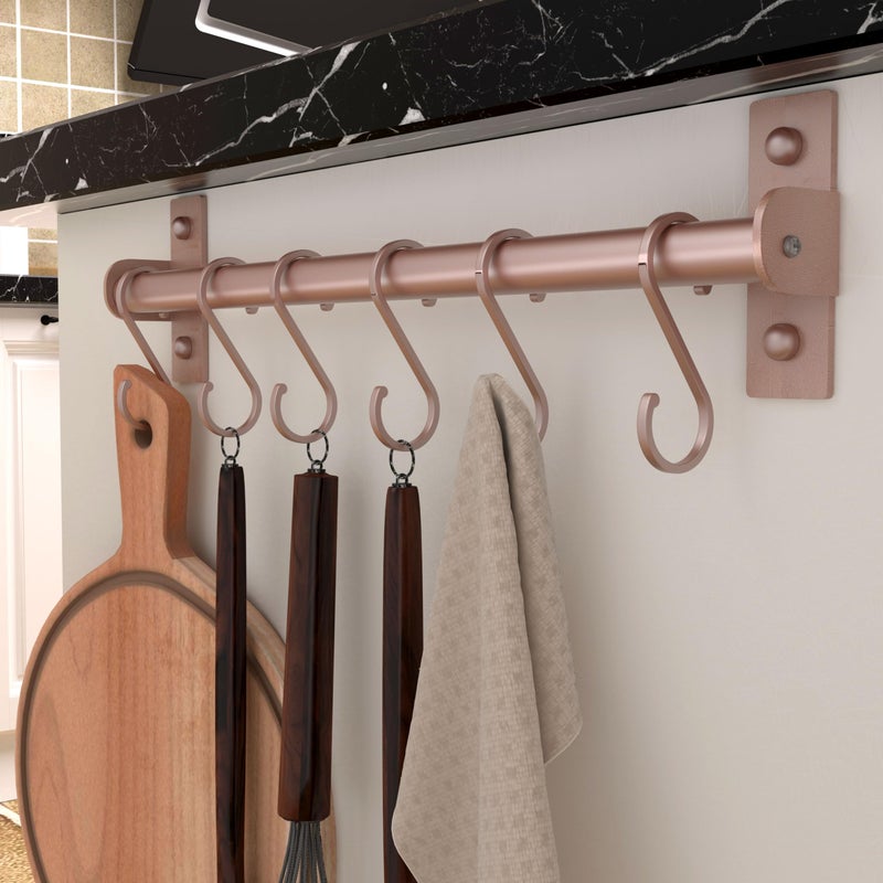 Dseap Kitchen Utensil Holder Hanger, Pot and Pan Rack Wall Mounted, Kitchen Rail with 8 Hooks for Hanging Cooking Utensils, Mugs, Spoons, Wall Mounted, Rose Gold - Image 3